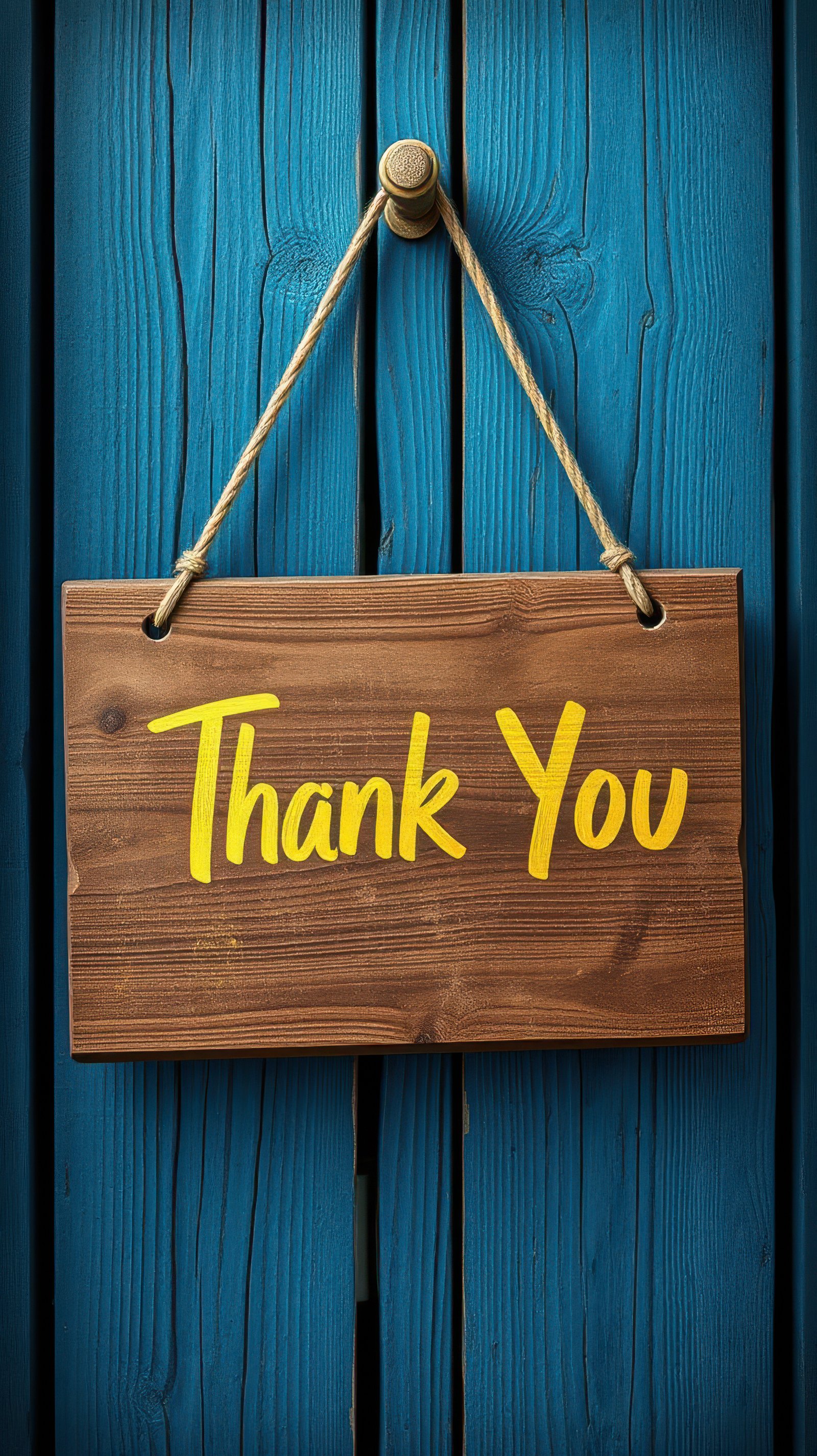 Wooden thank you sign hanging against a vibrant blue wooden background, conveying gratitude in a simple yet effective way